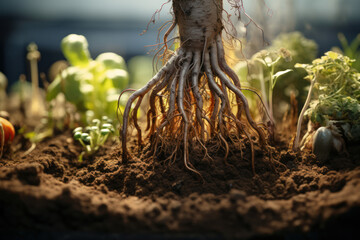 Wall Mural - A visual representation of the nitrogen cycle in soil, emphasizing the symbiotic relationship between nitrogen-fixing bacteria and plant roots. Generative Ai.