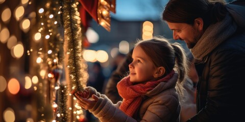 a woman and a little girl are seen looking at lights. this image can be used to depict wonder, awe, 