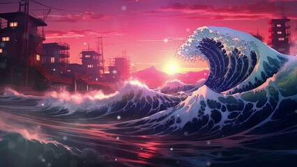 Sticker - Synthwave tech Japanse giant Tsunami Wave in the Synthwave Outrun Cyberpunk AI Generated - Seamless loop animation, created using AI Generative Technology