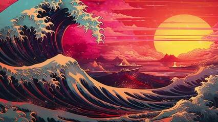 Sticker - Synthwave tech Japanse giant Tsunami Wave in the Synthwave Outrun Cyberpunk AI Generated - Seamless loop animation, created using AI Generative Technology
