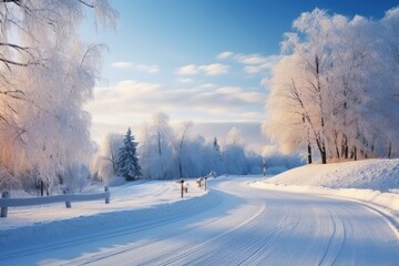 Poster - A snow covered road with trees in the background. Perfect for winter-themed designs and travel advertisements