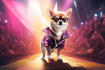 Wall Mural - A dog wearing glasses and a jacket standing on a stage. Perfect for a comedic performance or a pet fashion show.