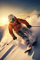 Sticker - A man is seen skiing down a snow covered slope. This image can be used to depict winter sports and outdoor activities