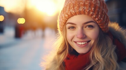 Canvas Print - A woman wearing a hat and scarf in the snowy weather. This image can be used for winter fashion or outdoor activities