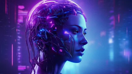 Wall Mural - Synthwave tech Artificial android human with a neon violet halo around the head. 3D in cyberpunk sci-fi style. - Seamless loop animation, created using AI Generative Technology