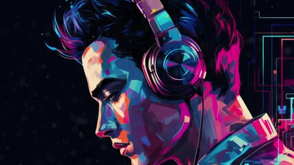 Sticker - Synthwave tech futuristic shiny holographic head of a man with headphones - Seamless loop animation, created using AI Generative Technology