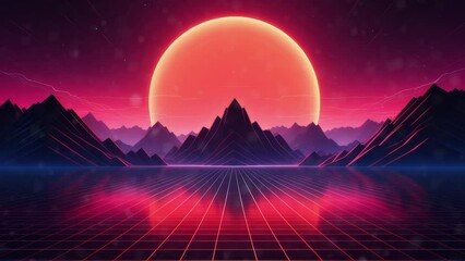 Wall Mural - Synthwave tech Retrowave Neon Sunset Abstract digital art, Futuristic Graphic design background. - Seamless loop animation, created using AI Generative Technology