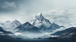 A breathtaking vista of a rugged landscape, adorned with snow-capped peaks and shrouded in a mysterious fog, as a tranquil lake reflects the serene sky above the majestic mountain range of araate