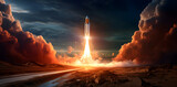 Fototapeta  - Space shuttle launch from Earth - Startup, breakthrough, optimistic future, innovation and Space Exploration and Red Planet concept with launched rocket to the outer space. 