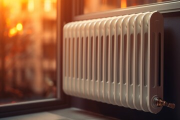 Wall Mural - A detailed view of a radiator placed on a window sill. This image can be used to depict heating, energy efficiency, or interior design