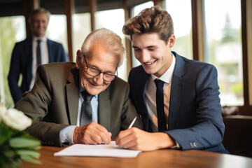 Wall Mural - a young guy helps an elderly man fill out paperwork helping old people lawyer