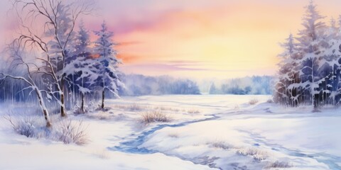 Wall Mural - A painting of a snowy landscape with trees. Perfect for winter-themed designs