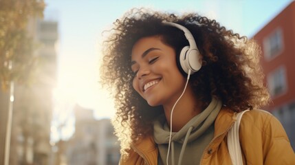 Wall Mural - A woman with curly hair wearing headphones. Perfect for music enthusiasts and podcast listeners