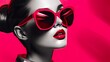 woman is wearing pink sunglasses, in the style of graphic black and white, vividly bold designs, light red and dark pink, retro pop art