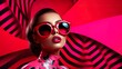 woman is wearing pink sunglasses, vividly bold designs, light red and dark pink, retro pop art