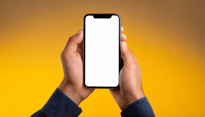 Hands holding modern smart phone mockup, yellow background