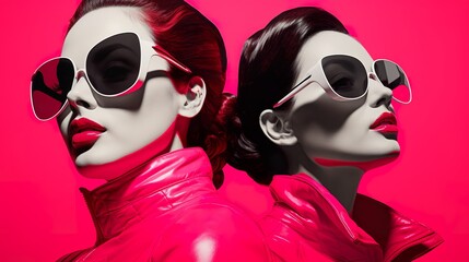 two woman wearing pink sunglasses, in the style of graphic black and white, vividly bold designs, light red and dark pink, retro pop art