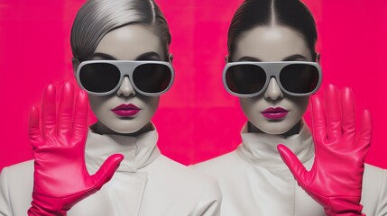 two woman wearing pink sunglasses, in the style of graphic black and white, vividly bold designs, light red and dark pink, retro pop art