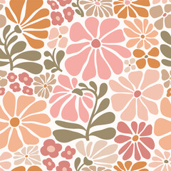 Seamless vector pattern with hand drawn groovy vintage flowers. Perfect for textile, wallpaper or print design.