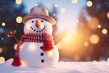 Poster - A cute snowman wearing a hat and scarf in a snowy setting. Perfect for winter-themed designs and holiday projects