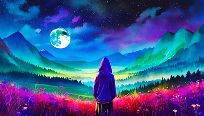 Tranquil Night Silhouette: Ambient Vibes with Hoodie-Girl or Boy facing away, Gazing at Starlit Sky Contemplating Cosmic Beauty