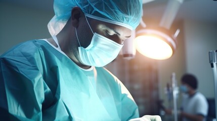 Canvas Print - A man in a surgical gown operating a device. Suitable for medical and healthcare concepts