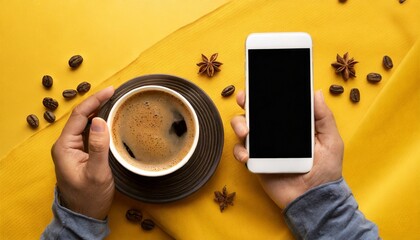 Hands holding modern smart phone mockup, yellow background
