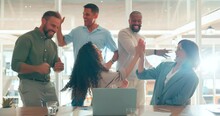 Winner, Teamwork And Business People On Laptop With Success, Stock Trading Profit And Financial Bonus. Winning, Celebration And Happy Workers Cheer, High Five And Applause For Sales Goal On Computer