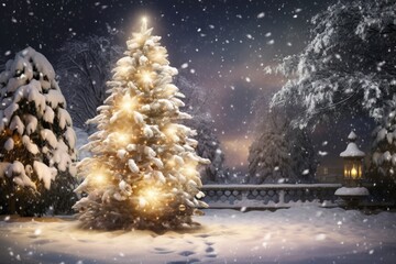 Canvas Print - A beautiful Christmas tree illuminated in the snowy landscape. Perfect for holiday cards and winter-themed designs