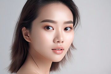 Wall Mural - Portrait of beautiful young asian women with clean fresh skin on gray background.