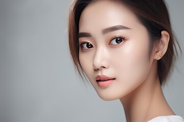 Wall Mural - Portrait of beautiful young asian women with clean fresh skin on gray background.