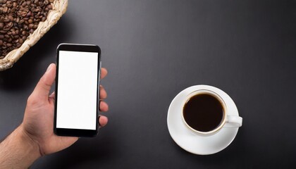 Close up of man hand holding modern smart phone mockup, black background