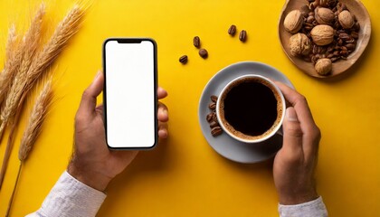 Hands holding modern smart phone mockup, yellow background