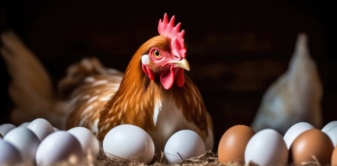 Canvas Print - The hen is in the nest with the eggs, the hens are laying.