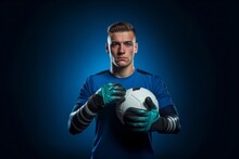 A Studio Image Of A Goalkeeper Wearing Football Gloves And Holding A Football Ball