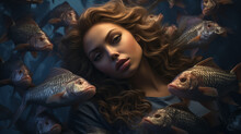 Woman Surrounded By Fish, Underwater Serenity, Pisces Zodiac