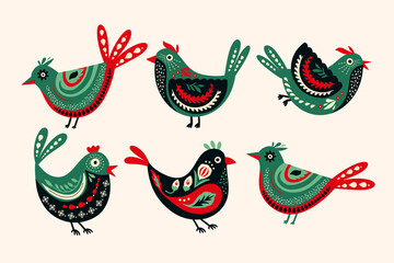 Wall Mural - Folk Art Bird Vector Set. Scandinavian Norge Sticker Cartoon Doodle Folk Boho Collection.