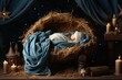 Baby Jesus Christ lies in a lullaby with straw against the backdrop of the starry night sky