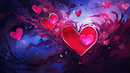 Poster - Abstract background dedicated to love and Valentine's Day, with colorful geometric hearts and symbols representing different love themes. Generative AI