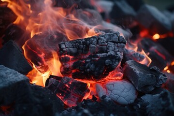 Wall Mural - A close-up view of a pile of charcoal and a burning fire. Perfect for adding warmth and ambiance to any project