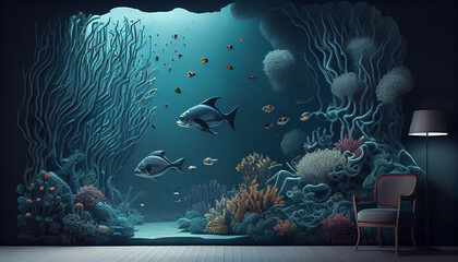 Wall Mural - Enter the Enchanting Underwater Realm, Immerse Yourself in the Mesmerizing 3D Effect Wall with Wild Illustration of minimalist Background, Ai generated image.