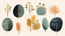 Floral Illustration In Minimalist Style. Garden Elements. Trees, Leaves, Plants, Branches. Bright Colors