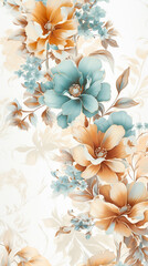 Wall Mural - .a floral pattern, in the style of light emerald, blue and amber, on a white background