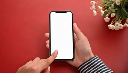 Hand using smartphone with blank screen, isolated on red background