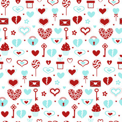 Hand drawn hearts and different valentine elements seamless pattern. Vector drawing red and blue design on white background.