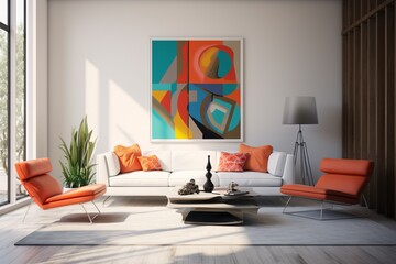 Wall Mural - A sleek, minimalist living room bathed in natural light, featuring geometric furniture and vibrant accent colors.