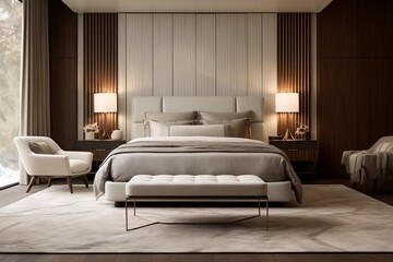Wall Mural - A sophisticated master bedroom with a custom-designed headboard, layered textiles, and soft lighting, creating a serene and luxurious atmosphere.