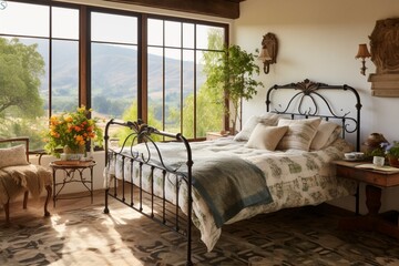 Wall Mural - A sun-drenched bedroom with a wrought-iron bed frame, adorned with handmade quilts and surrounded by windows overlooking rolling hills