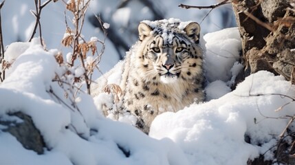 Wall Mural - snow leopard in a winter landscape