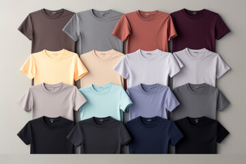  Monochromatic tee ensemble, a set of t-shirt mockups in various shades, neatly arranged on a minimalist display, showcasing versatility in color options.